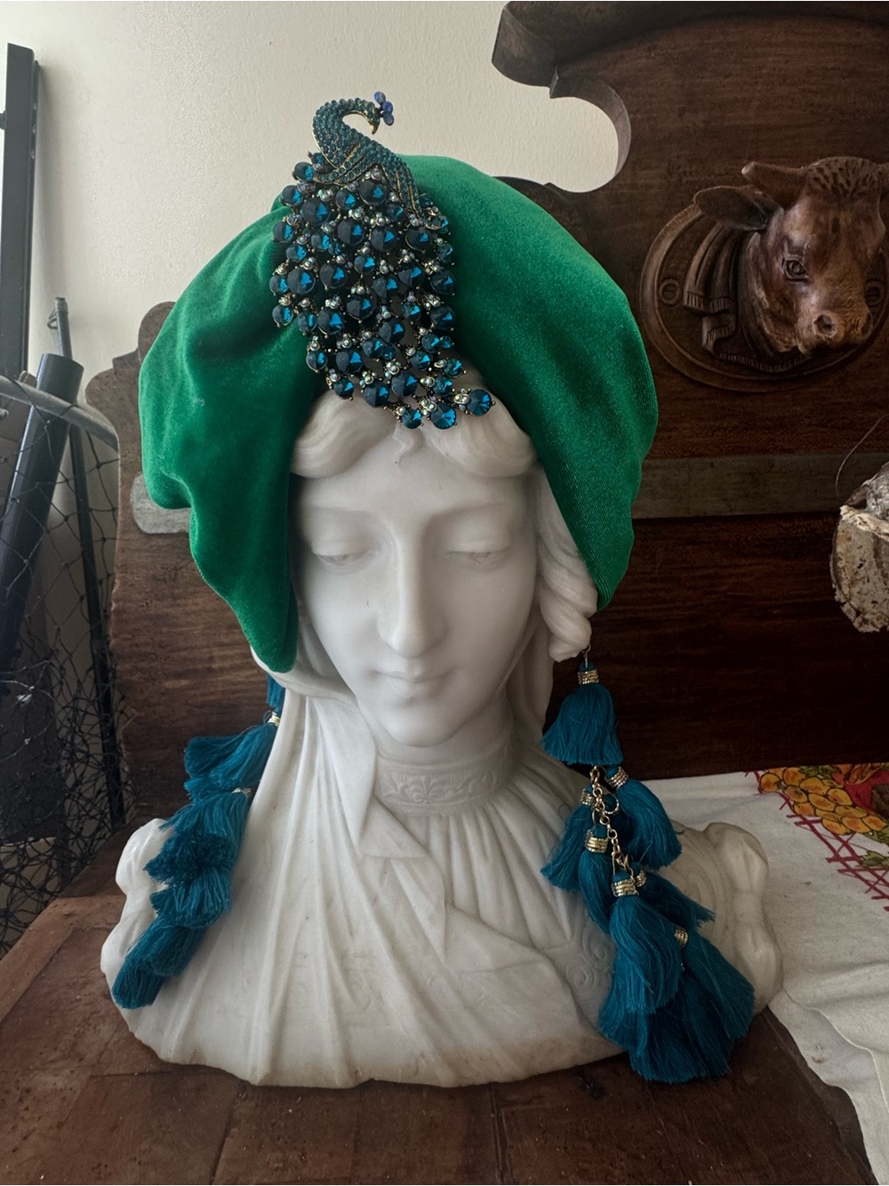 NEW LUXURY Emerald  Velvet TURBAN Headband, Tassel earrings, Peacock brooch
